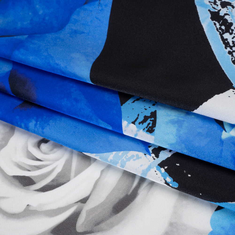 Silk Charmeuse Print 16MM, Made in Italy - Blue, White and Black Rose Bouquet