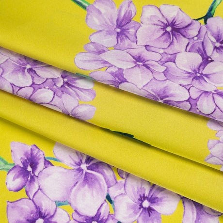 Silk Charmeuse Print 16MM, Made in Italy - Chartreuse and Lilac Hydrangeas