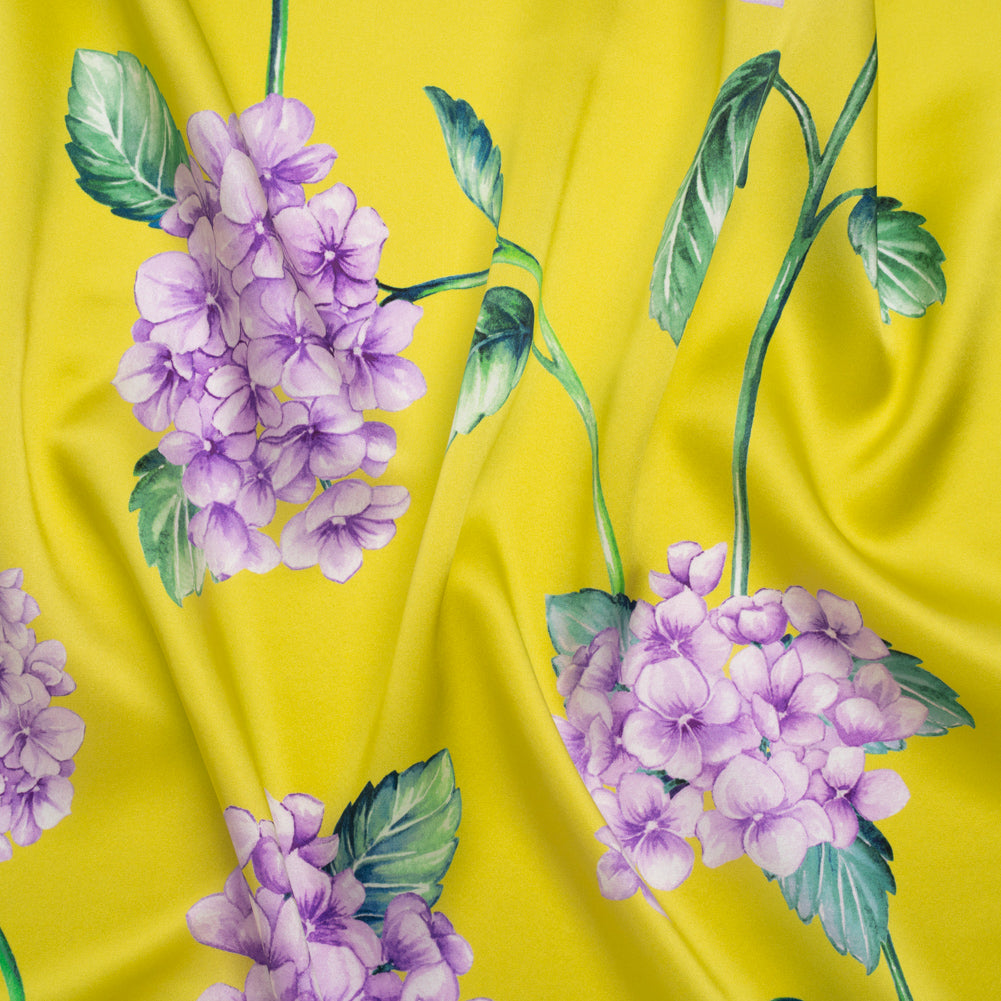 Silk Charmeuse Print 16MM, Made in Italy - Chartreuse and Lilac Hydrangeas
