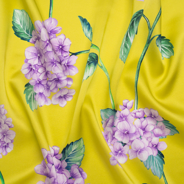 Silk Charmeuse Print 16MM, Made in Italy - Chartreuse and Lilac Hydrangeas