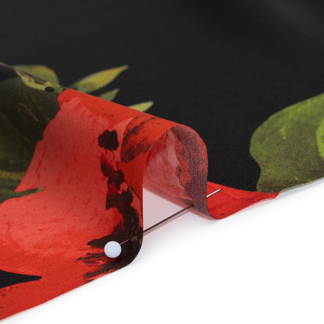 Silk Charmeuse Print 16MM, Made in Italy - Black and Red Scattered Roses