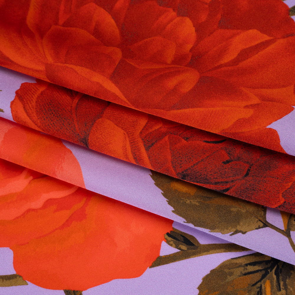 Silk Charmeuse Print 16MM, Made in Italy - Lavender, Red and Olive Green Roses and Stems