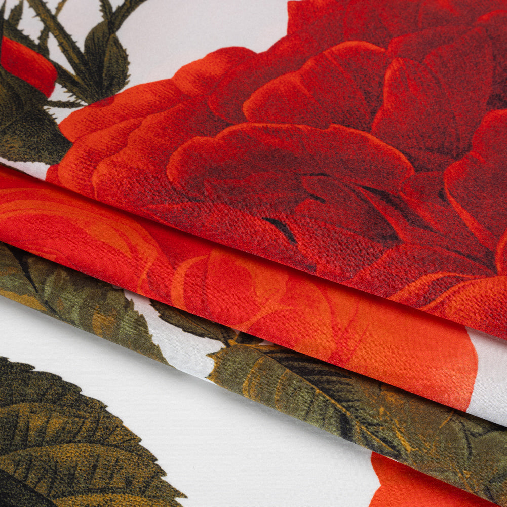 Silk Charmeuse Print 16MM, Made in Italy - White, Red and Olive Green Roses and Stems