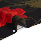 Silk Charmeuse Print 16MM, Made in Italy - Black, Red and Olive Green Roses and Stems