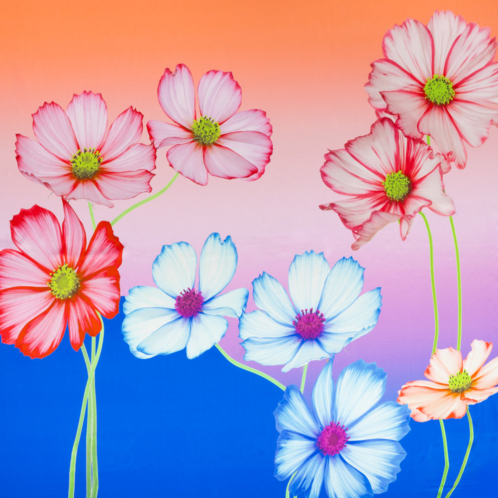 Silk Charmeuse Panel 16MM, Made in Italy - Blue, Pink and Peach Flowers and Ombre