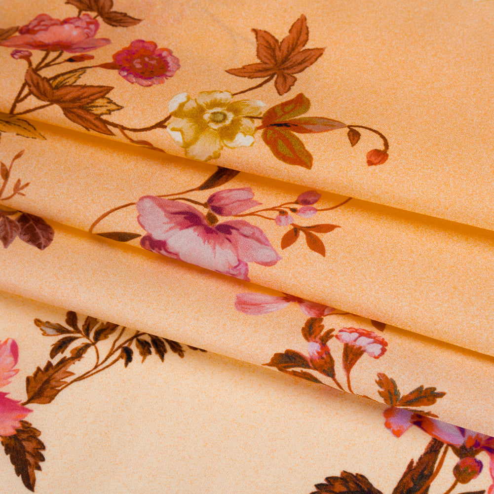 Silk Charmeuse Print 16MM, Made in Italy - Peach Ombre with Pink and Brown Floral Borders