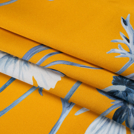 Silk Charmeuse Print 16MM, Made in Italy - Golden Yellow and Blue Floral Border