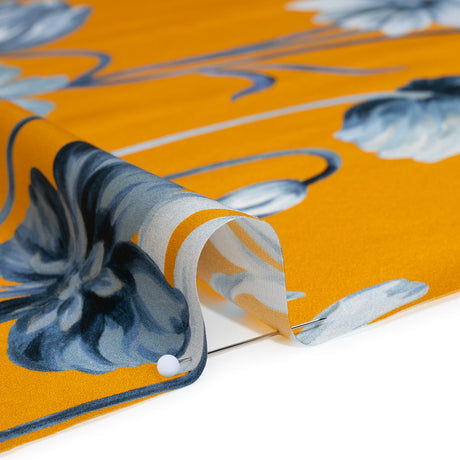 Silk Charmeuse Print 16MM, Made in Italy - Golden Yellow and Blue Floral Border
