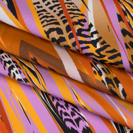 Silk Charmeuse Panel 16MM, Made in Italy - Orange, Purple and Tan Fanning Feathers