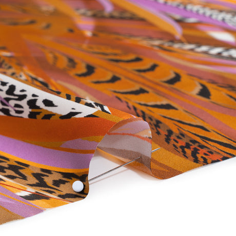 Silk Charmeuse Panel 16MM, Made in Italy - Orange, Purple and Tan Fanning Feathers