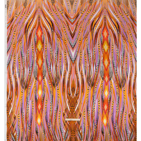 Silk Charmeuse Panel 16MM, Made in Italy - Orange, Purple and Tan Fanning Feathers