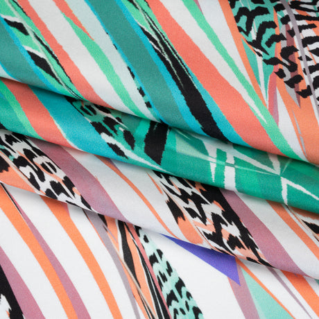 Silk Charmeuse Panel 16MM, Made in Italy - Turquoise, Mint and Coral Pink Fanning Feathers