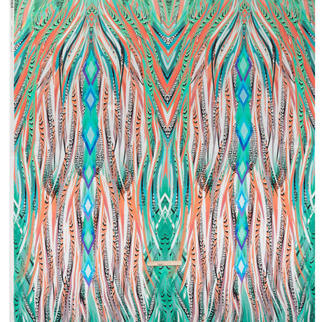 Silk Charmeuse Panel 16MM, Made in Italy - Turquoise, Mint and Coral Pink Fanning Feathers