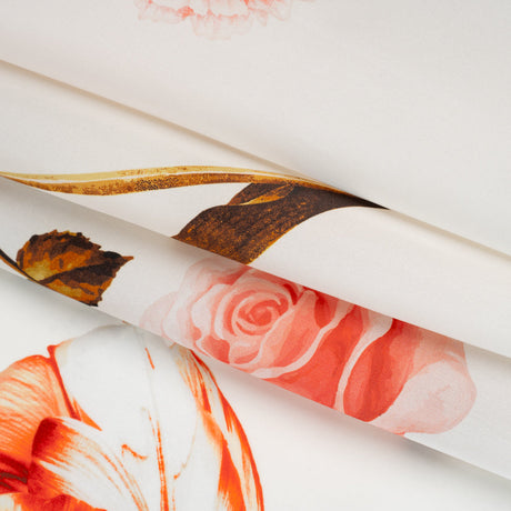 Heavy Silk Satin-Faced Organza, Made in Italy - Pink, White and Green Scattered Tulips and Roses