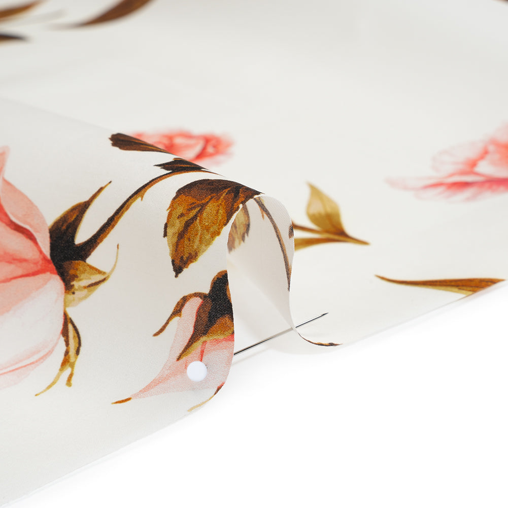 Heavy Silk Satin-Faced Organza, Made in Italy - Pink, White and Green Scattered Tulips and Roses