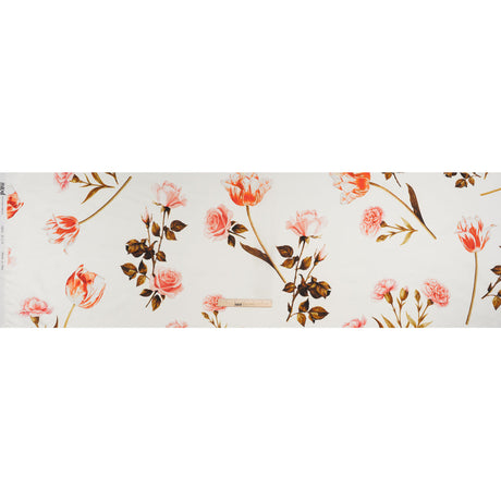 Heavy Silk Satin-Faced Organza, Made in Italy - Pink, White and Green Scattered Tulips and Roses