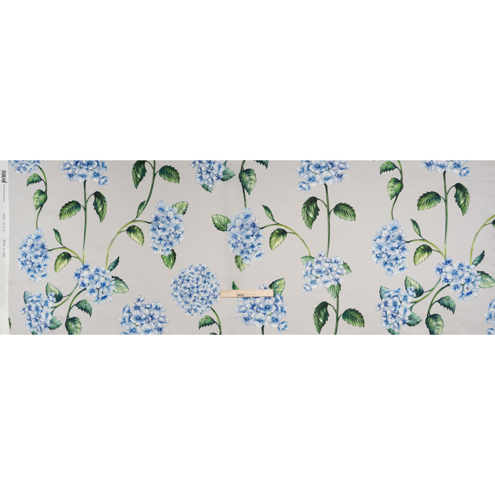 Heavy Silk Satin-Faced Organza, Made in Italy - Pale Gray, Blue and Green Hydrangeas
