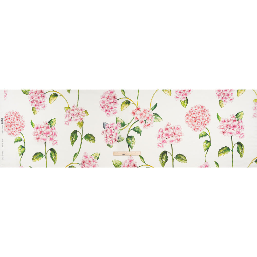 Heavy Silk Satin-Faced Organza, Made in Italy - White, Pink and Green Hydrangeas