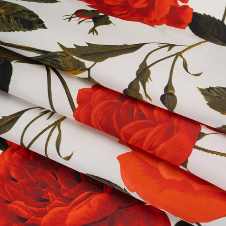Heavy Silk Satin-Faced Organza, Made in Italy - White, Red and Olive Green Roses and Stems