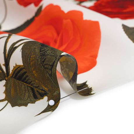 Heavy Silk Satin-Faced Organza, Made in Italy - White, Red and Olive Green Roses and Stems