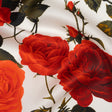 Heavy Silk Satin-Faced Organza, Made in Italy - White, Red and Olive Green Roses and Stems
