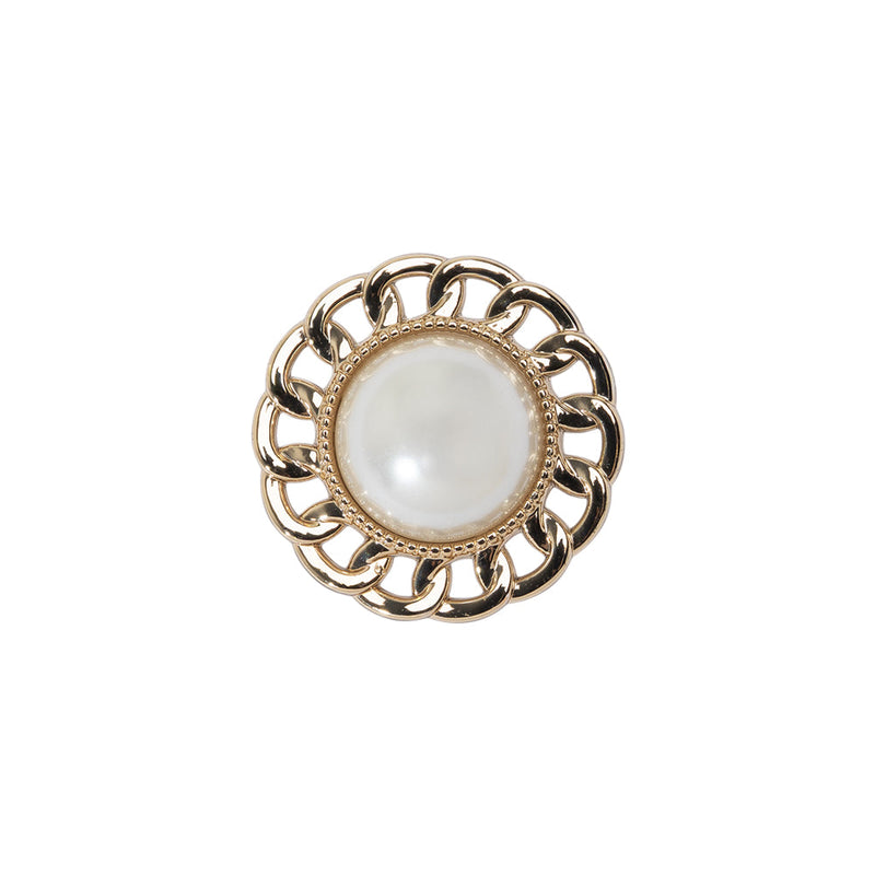 Chain Petal Floral Shank Back Button with Pearl Center - 28L/18mm - Gold and White