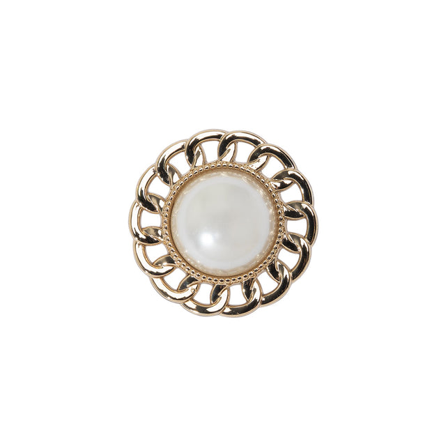 Chain Petal Floral Shank Back Button with Pearl Center - 28L/18mm - Gold and White
