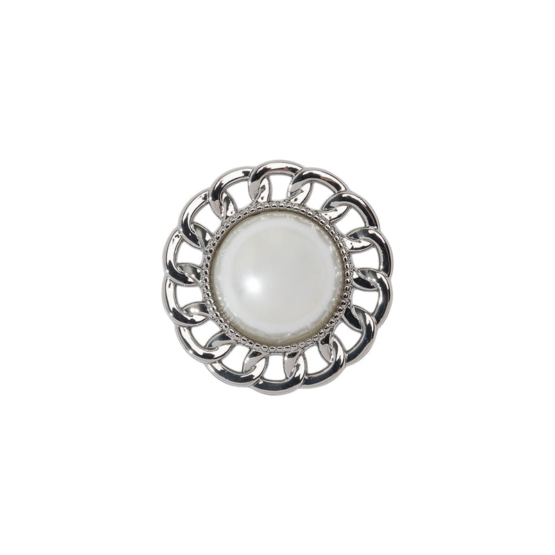Chain Petal Floral Shank Back Button with Pearl Center - 28L/18mm - Nickel and White