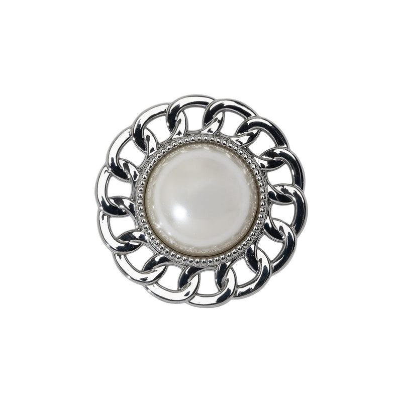 Chain Petal Floral Shank Back Button with Pearl Center - 36L/23mm - Nickel and White