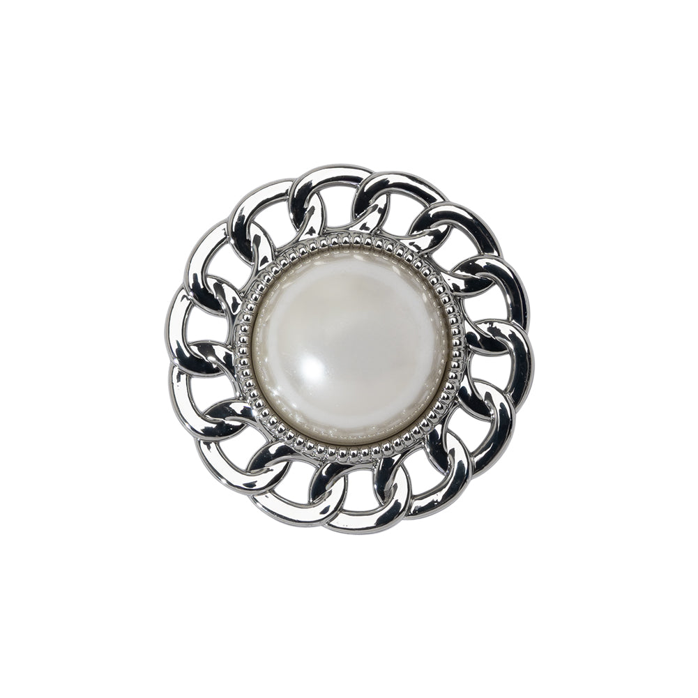 Chain Petal Floral Shank Back Button with Pearl Center - 36L/23mm - Nickel and White