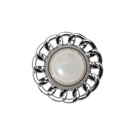 Chain Petal Floral Shank Back Button with Pearl Center - 36L/23mm - Nickel and White