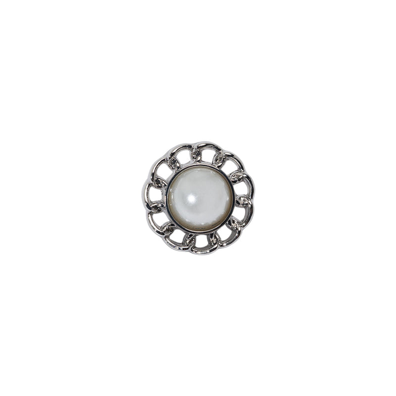 Chain Petal Floral Metal Shank Back Button with Pearl Center - 18L/11.5mm - Silver and White