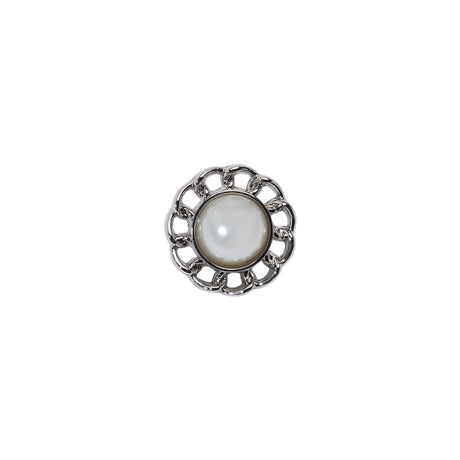 Chain Petal Floral Metal Shank Back Button with Pearl Center - 18L/11.5mm - Silver and White