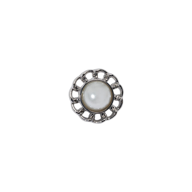 Chain Petal Floral Metal Shank Back Button with Pearl Center - 18L/11.5mm - Silver and White