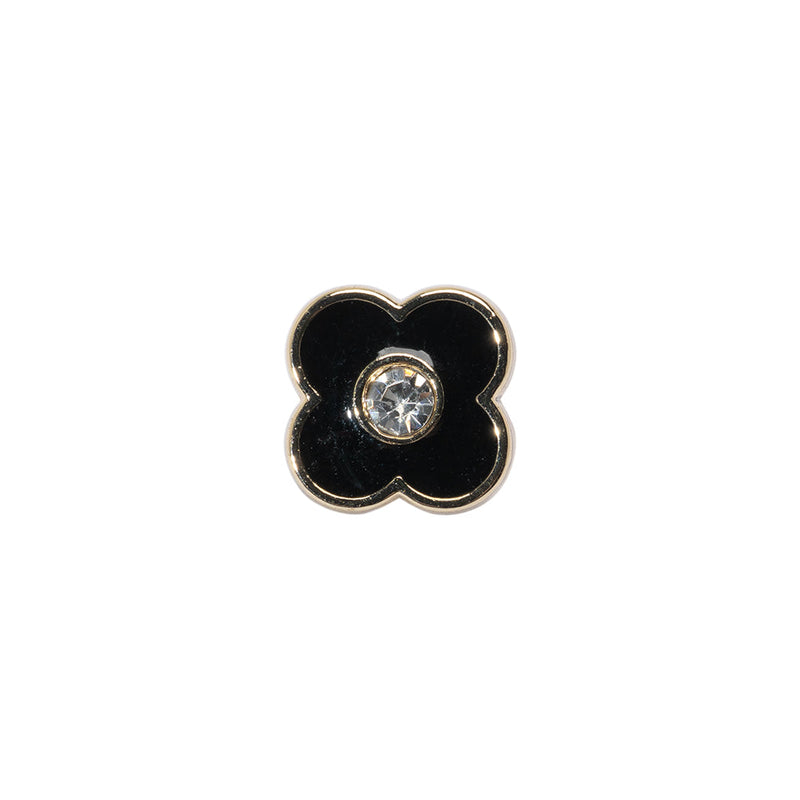 Floral Enameled Metal Shank Back Button with Rhinestone Center - 18L/11.5mm - Gold and Black