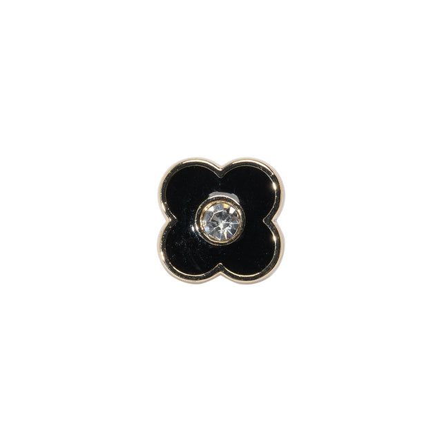 Floral Enameled Metal Shank Back Button with Rhinestone Center - 18L/11.5mm - Gold and Black