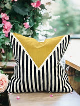 VIVA012 Polyester Fabric - White Base, Black & Ivory Geometric Embroidery, Mustard Graphic, 20" X 20" (1 Piece)