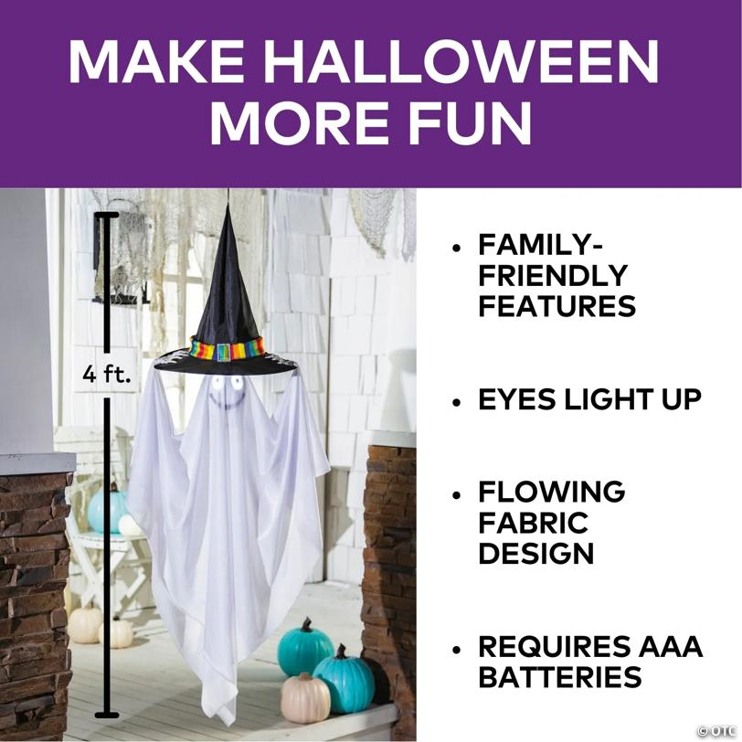 47 1/4" Light-Up Smiling Floating Ghost with Witch Hat Halloween Decoration