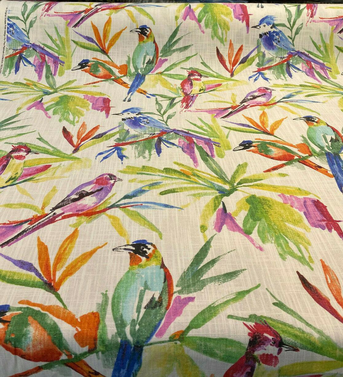Songbird Tropical Cotton Slub Fabric - Tropical Bird Print, Off White Background, 54" Width, 27" Vertical Repeat, 13.5" Horizontal Repeat (1 Yard)