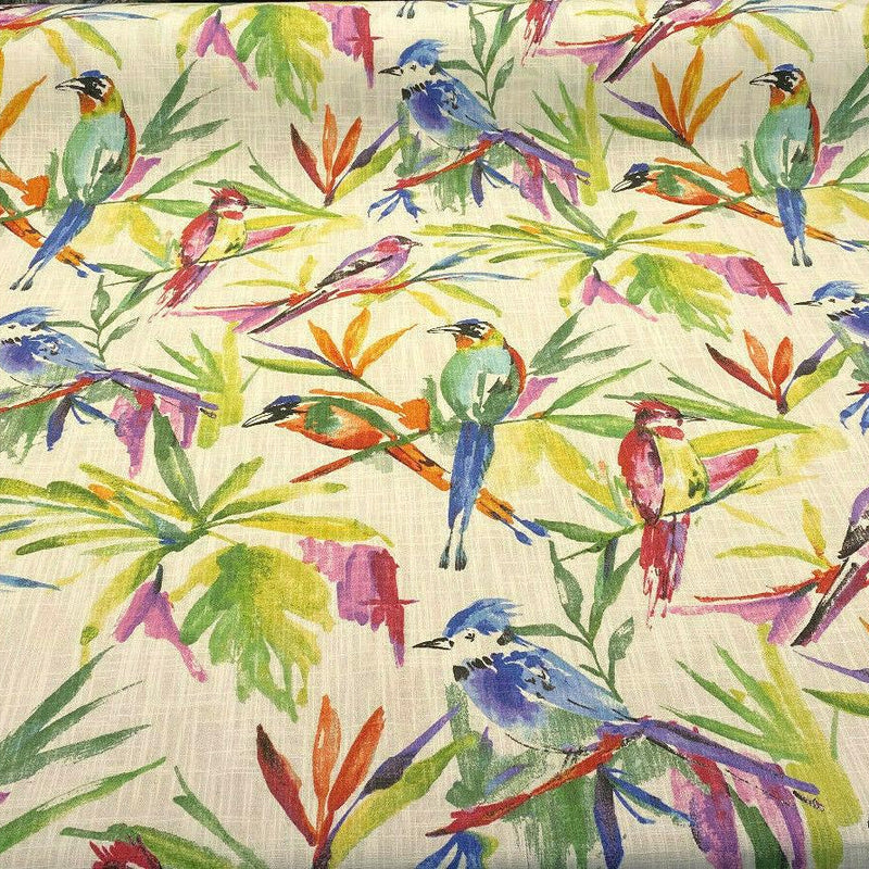 Songbird Tropical Cotton Slub Fabric - Tropical Bird Print, Off White Background, 54" Width, 27" Vertical Repeat, 13.5" Horizontal Repeat (1 Yard)