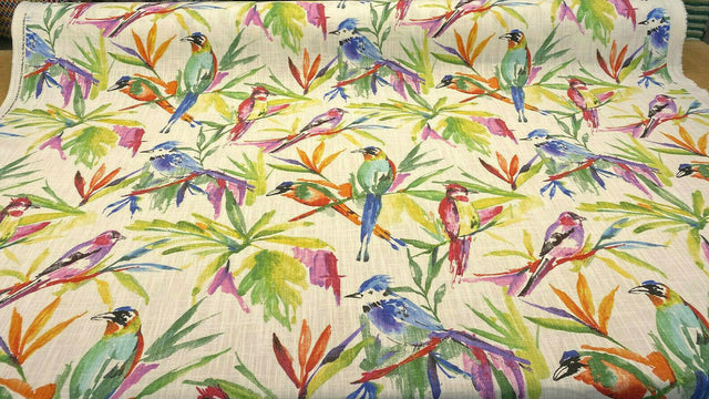 Songbird Tropical Cotton Slub Fabric - Tropical Bird Print, Off White Background, 54" Width, 27" Vertical Repeat, 13.5" Horizontal Repeat (1 Yard)
