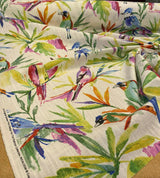 Songbird Tropical Cotton Slub Fabric - Tropical Bird Print, Off White Background, 54" Width, 27" Vertical Repeat, 13.5" Horizontal Repeat (1 Yard)