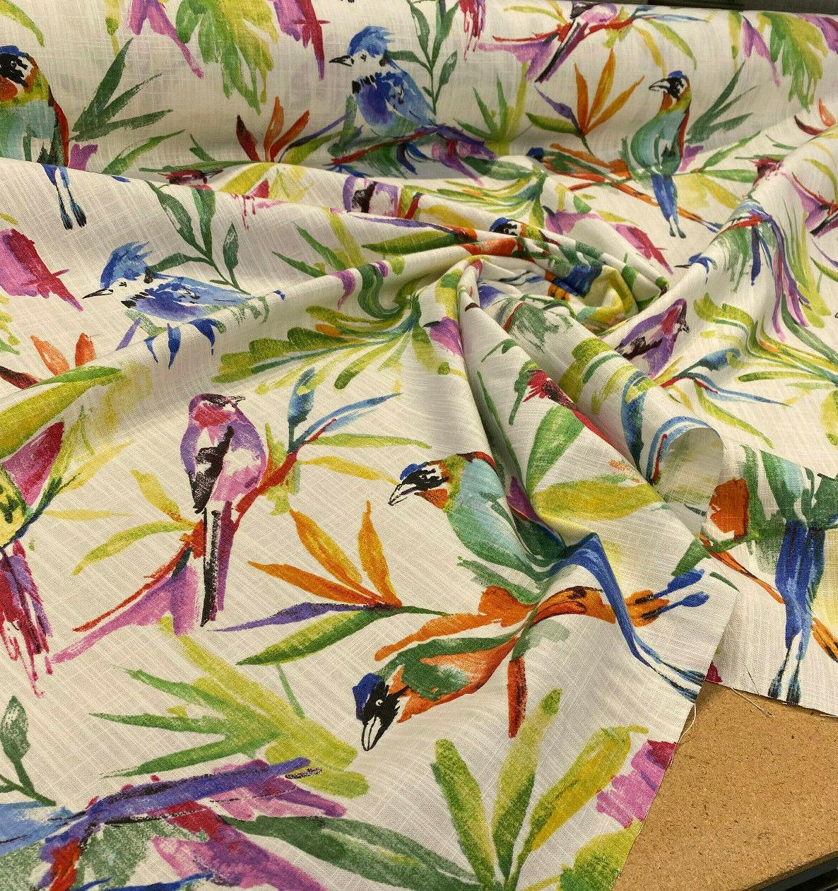 Songbird Tropical Cotton Slub Fabric - Tropical Bird Print, Off White Background, 54" Width, 27" Vertical Repeat, 13.5" Horizontal Repeat (1 Yard)