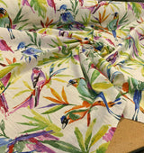 Songbird Tropical Cotton Slub Fabric - Tropical Bird Print, Off White Background, 54" Width, 27" Vertical Repeat, 13.5" Horizontal Repeat (1 Yard)