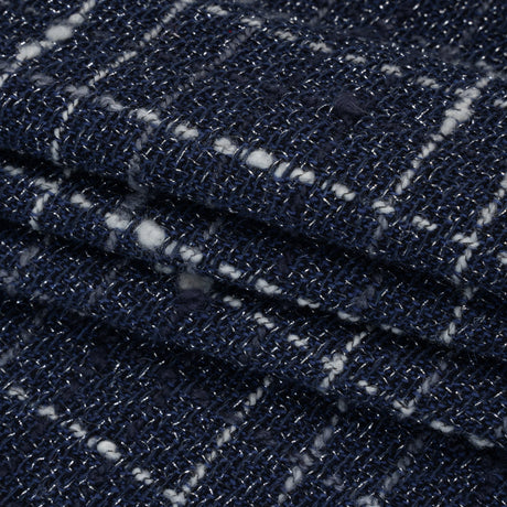 Metallic Wool Blend Tweedy Twill Boucle Made in Italy - Navy Blue, White and Silver Plaid - Deadstock