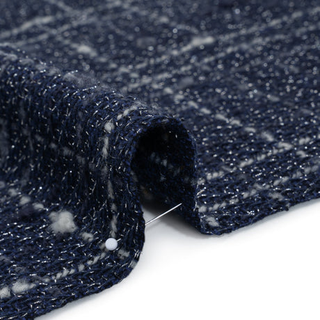Metallic Wool Blend Tweedy Twill Boucle Made in Italy - Navy Blue, White and Silver Plaid - Deadstock