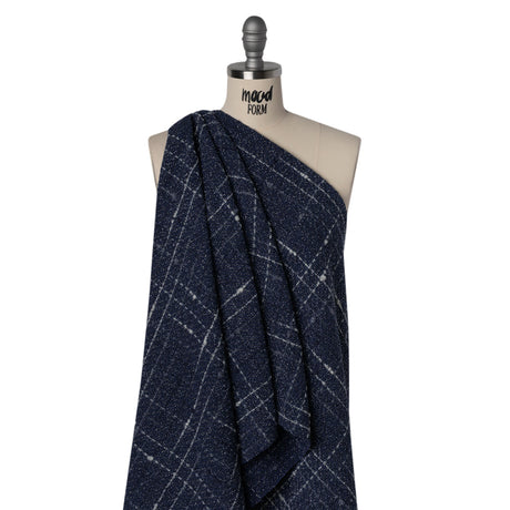 Metallic Wool Blend Tweedy Twill Boucle Made in Italy - Navy Blue, White and Silver Plaid - Deadstock
