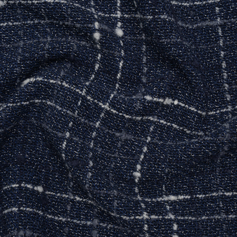 Metallic Wool Blend Tweedy Twill Boucle Made in Italy - Navy Blue, White and Silver Plaid - Deadstock