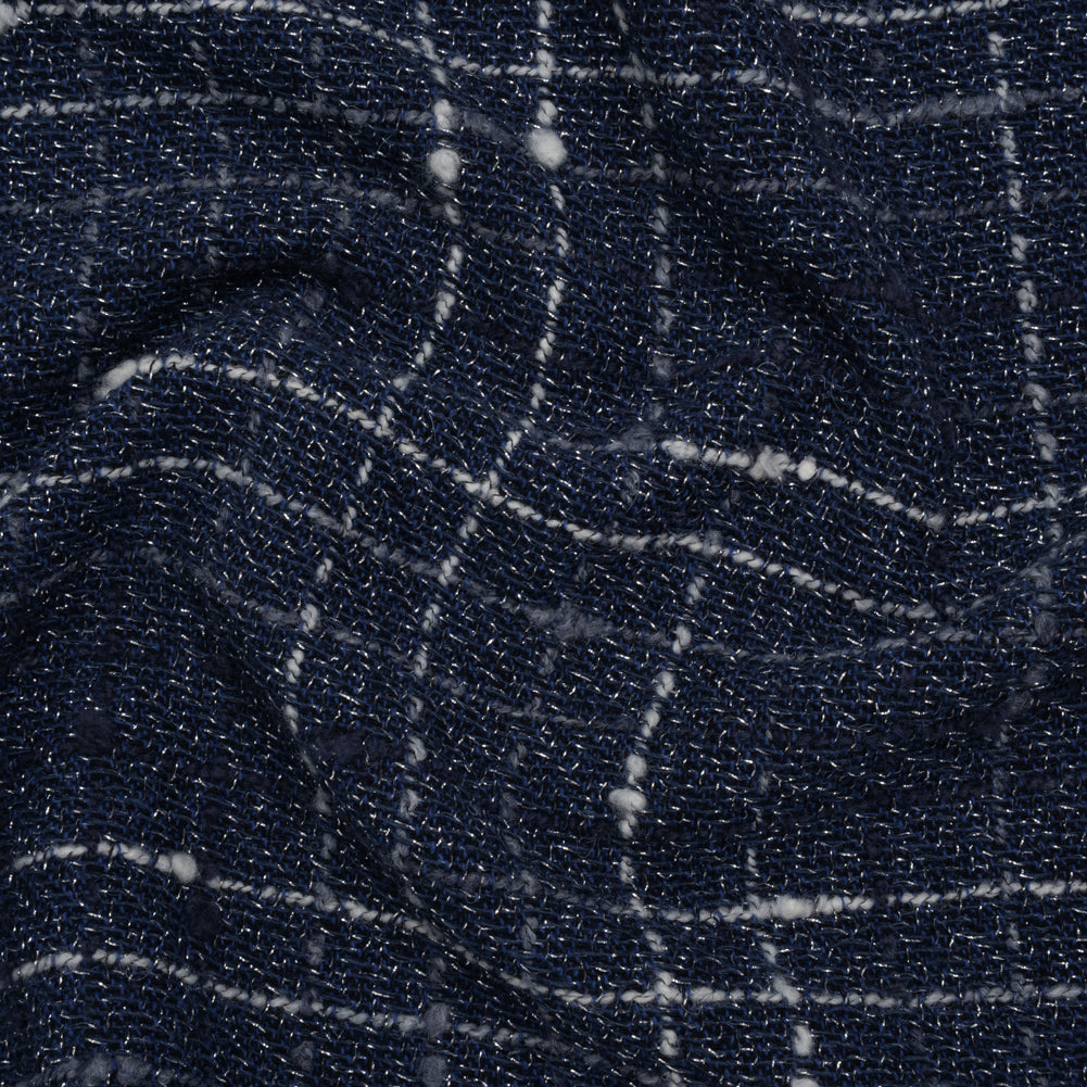 Metallic Wool Blend Tweedy Twill Boucle Made in Italy - Navy Blue, White and Silver Plaid - Deadstock