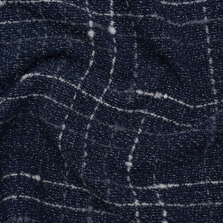 Metallic Wool Blend Tweedy Twill Boucle Made in Italy - Navy Blue, White and Silver Plaid - Deadstock